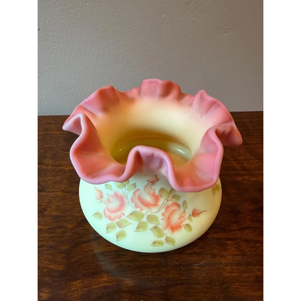 Vintage Fenton Rose Burmese Glass Ruffled Crimped Vase, Handpainted Signed